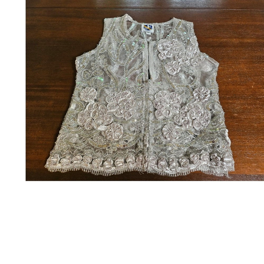 Royal Highness Equestrian Vest Kids Medium Silver Sequin Floral Mesh Zip Front